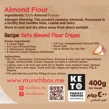 Load image into Gallery viewer, Ingredients and recipe for premium almond flour by Munchbox UAE
