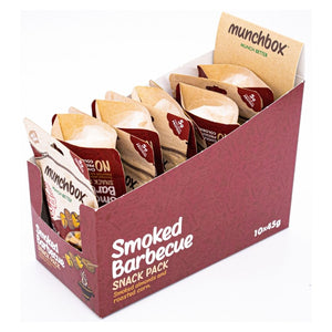 A Box Of 10 Premium Pack Of 45g Smoked BBQ Almonds And Corns By Munchbox UAE