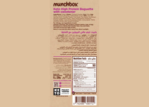 Nutritional facts for premium keto protein baguettes by Munchbox UAE.