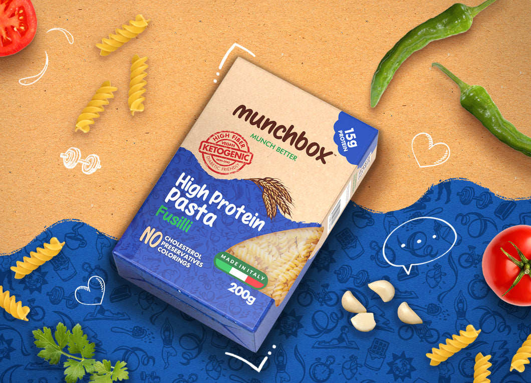 Premium high protein low carb fusilli pasta by Munchbox UAE.