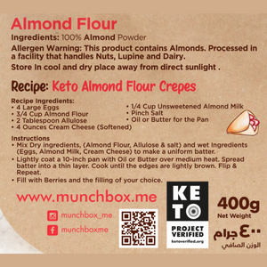 Ingredients and recipe for premium almond flour by Munchbox UAE